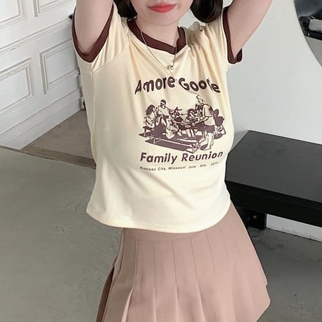レトロプリント Tシャツ ショート丈 半袖 クルーネック スリムフィット レトロ カジュアル ストリートファッション ストリート系女子 DTCA-702505709620