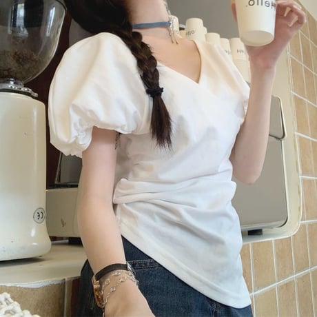 Tシャツ クロスデザイン Vネック パフスリーブ 薄手 半袖 レトロ 韓国ファッション レディース 大人可愛い ガーリー DTC-715100887328