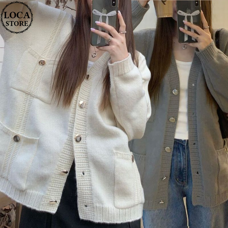 アプリコット/グレー】ニット カーディガン ポケット Vネック ルーズ