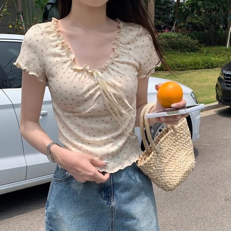 小花柄 ブラウス フリル リボン Tシャツ トップス ショート丈 スリムフィット レースアップ 半袖 レトロ 大人可愛い ガーリー カジュアル フェミニン DTCA-805742781968