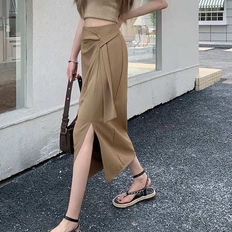 スリットスカート ウエストボウタイ ハイウエスト ロングスカート タイトスカート ロング丈 スリット レトロ 韓国ファッション レディース 大人可愛い ガーリー DTC-707076496391