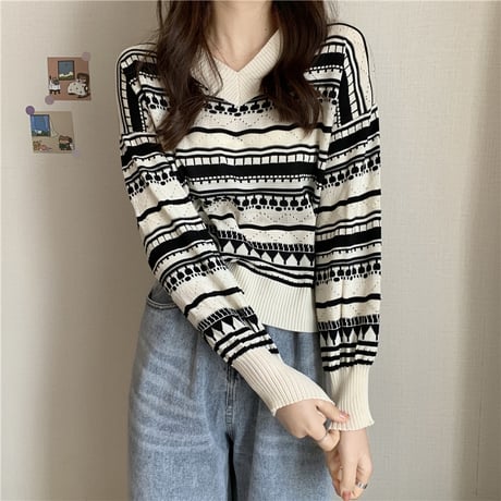 ニットセーター ジャカード Vネック ショート丈 長袖 ルーズ レトロ 韓国ファッション レディース 大人可愛い ガーリー DTC-658384210039