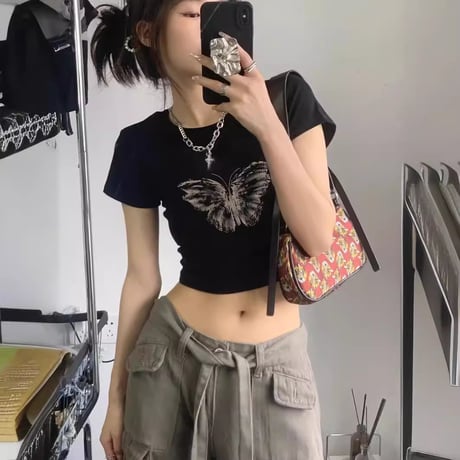 tシャツ バタフライ柄 クロップド丈 ショート丈 スリムフィット トップス スリムトップス 半袖 レトロ 大人可愛い ガーリー カジュアル ストリート女子 DTCA-763444372549
