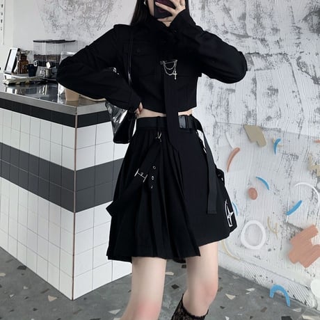 セットアップ ミリタリー風 ショートシャツ プリーツ ミニスカート ネクタイ ベルト 長袖 ハイウエスト レトロ 韓国ファッション レディース ゴシック モード系 DTC-651778269970