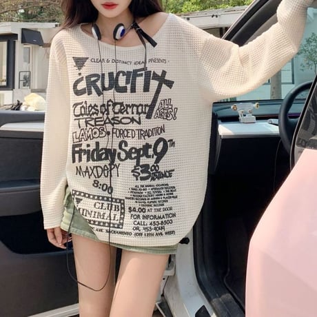 ロンT レタープリント オフショルダー トップス ワンショルダー ショルダーストラップ tシャツ ゆったり ルーズ 長袖 レトロ 大人可愛い ガーリー カジュアル DTCA-831955626127