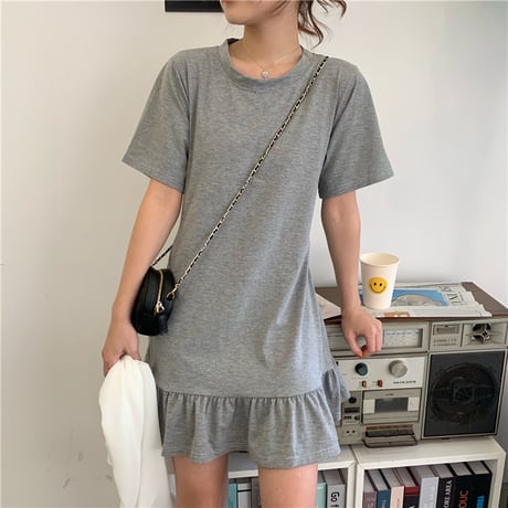 オープンバック ワンピース 背中あき 薄手 Tシャツ＋フリルスカート 半袖 韓国ファッション レディース バックレス 大人可愛い ガーリー フェミニン DTC-615537051967