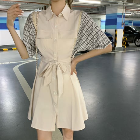 シャツワンピース バイカラー チェック柄 無地 韓国ファッション レディース ワンピース Aライン シングルブレスト ハイウエスト 無地 フレア シンプル ガーリー DTC-619337093068