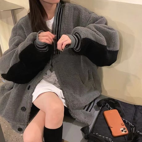 ボアスタジャン バイカラー フリース アウター フェイクラムウール オーバーサイズ 長袖 ルーズ レトロ 韓国ファッション レディース 大人可愛い ガーリー DTC-689307846858