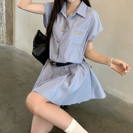 ストライプ柄 シャツワンピース 半袖 プリーツ ショート丈 ミニワンピース Aライン ワンピース レトロ 大人可愛い ガーリー 韓国ファッション レディース DTC-793096900642