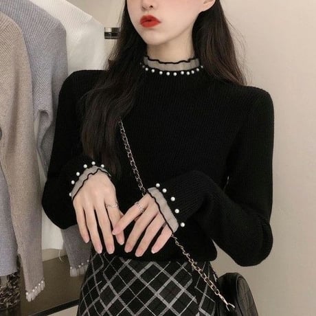 ニット パール レース フリル トップス リブニット スリムフィット ハーフハイネック タイト 長袖 レトロ 韓国ファッション レディース 大人可愛い ガーリー DTCA-774484225398