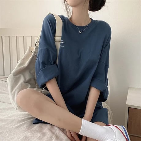 Tシャツ ワンポイント レタープリント 半袖 ドロップショルダー クルーネック シンプル ルーズ レトロ 大人可愛い ガーリー カジュアル ストリート女子 DTCA-833491440518
