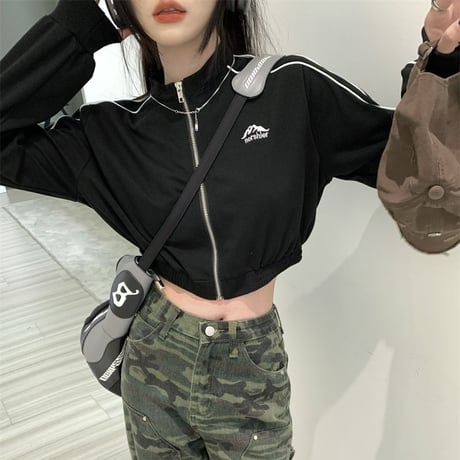 ショート丈 ジャケット ジップアップ サイドライン ワンポイントロゴ 長袖 ルーズ レトロ カジュアル 韓国ファッション レディース 韓国ストリートファッション DTC-681300281919