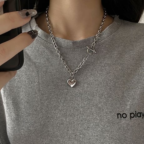 マンテル ハート ネックレス Tバー 太チェーン 金属アレルギー対応 レディース ペンダント アクセサリー チタンスチール シンプル DTC-623746272212