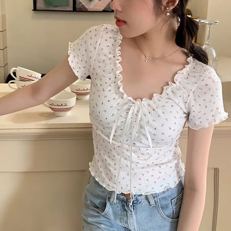 小花柄 ブラウス フリル リボン Tシャツ トップス ショート丈 スリムフィット レースアップ 半袖 レトロ 大人可愛い ガーリー カジュアル フェミニン DTCA-805742781968