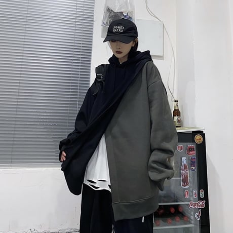 ユニセックス パーカー アシンメトリー 重ねデザイン プラスベルベット ルーズ 韓国ファッション メンズ レディース 男女兼用 アシメ カジュアル ストリート系 DTC-634512223674