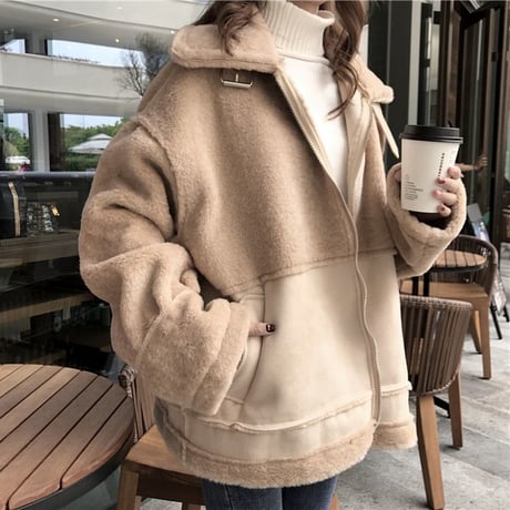ボアブルゾン ジップアップ 韓国 ファッション レディース ボアジャケット もこもこ ボア ベルト ドロップショルダー オーバーサイズ (DTC-606104703290)