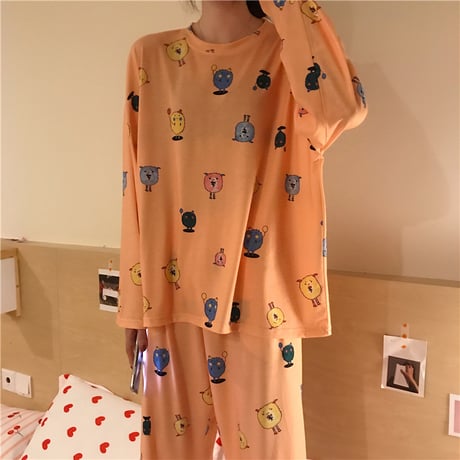 【ルームウェア】 パジャマ セットアップ トップス + パンツ プリント ラウンドネック 上下セット 長袖 韓国ファッション レディース 625829795764