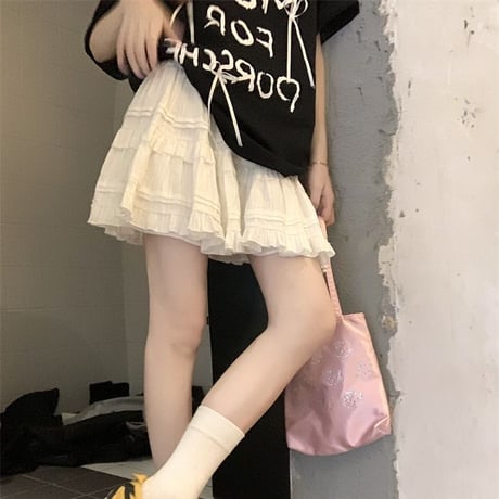Tシャツ リボン 英字 オーバーサイズ トップス 半袖 スカート ティアードミニスカート フリル レトロ 韓国ファッション レディース 大人可愛い ガーリー DTC-789326173684