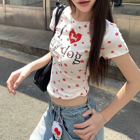 tシャツ 肉球 足跡 DOG ワンちゃん ショート丈 ピチT トップス スリムフィット タイトフィット タイト 半袖 レトロ 大人可愛い ガーリー カジュアル DTCA-912703926247
