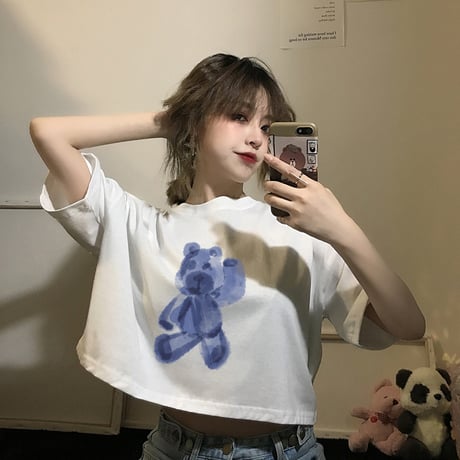 クロップドTシャツ 半袖 クマプリント ラウンドネック クロップド丈 韓国ファッション レディース Tシャツ ショート丈 カジュアル ストリートファッション DTC-622776901664