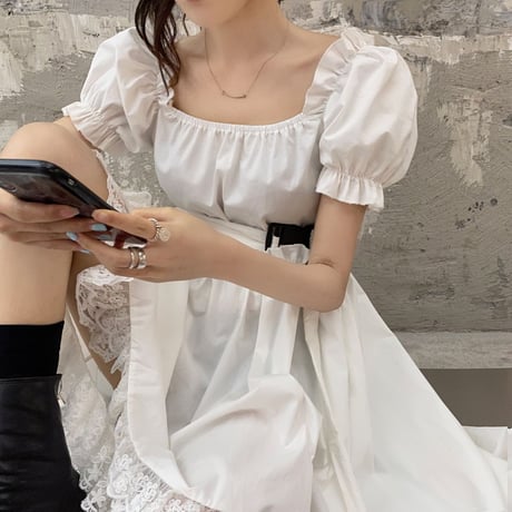 ワンピース アシンメトリー フィッシュテール ベルト パフ袖 韓国ファッション レディース 前後丈違い バブルスリーブ スクエアネック Aライン シンプル ガーリー DTC-615631705251