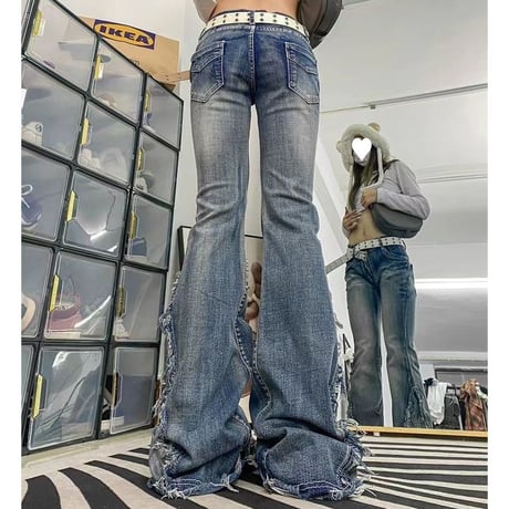 デニムパンツ ヴィンテージ風 フリンジ フレア デニム ダメージ ジーンズ ローライズ 美脚 レトロ 大人可愛い ガーリー カジュアル DTCA-749024523496