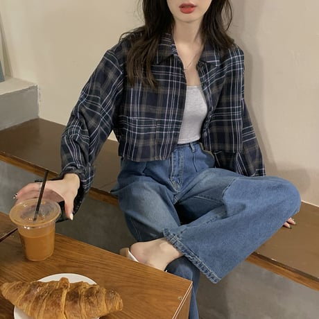 クロップド丈 チェック柄 シャツ ポロカラー ショート丈 長袖 レトロ 韓国ファッション レディース 大人可愛い ガーリー カジュアル 大人カジュアル DTC-652951694621