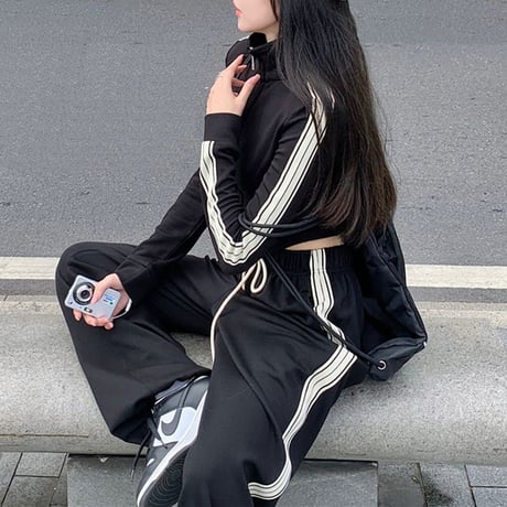 セットアップ ジャージ サイドライン トップス ワイドパンツ ジップアップ ショート丈 長袖 パンツ 韓国ファッション レディース 大人可愛い ガーリー カジュアル DTC-766005098158