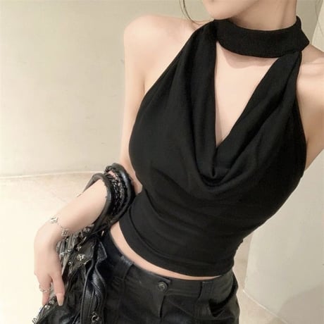 オープンバック ノースリーブ トップス ホルターネック タンクトップ バックオープン バックレス 背中開き tシャツ スリムフィット レトロ 大人可愛い ガーリー DTCA-888244191236