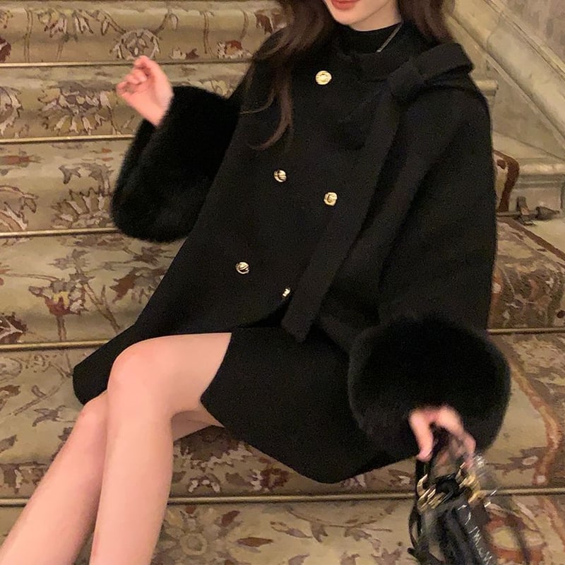 ケープ風 ショートコート ファー袖 リボン フェイクファー フェイク
