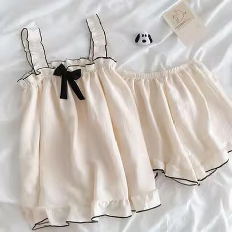 ルームウェア セットアップ 上下セット トップス ショートパンツ ノースリーブ リボン メロウフリル ウエストゴム パジャマ 部屋着 韓国ファッション レディース DTC-705502176044