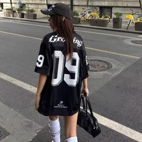 ユニフォーム風 tシャツ ナンバリング メッシュ オーバーサイズ トップス クルーネック ゆったり 半袖 レトロ 大人可愛い ガーリー カジュアル DTCA-938589496378