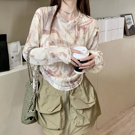 Tシャツ メッシュ 薄手 サイドドロスト ドローストリング ルーズ 長袖 レトロ 韓国ファッション レディース 大人可愛い ガーリー DTC-722434528937
