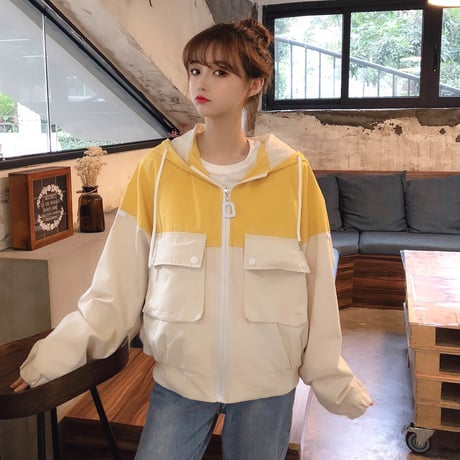 フードブルゾン 耳付きフード 韓国ファッション レディース ジップ ルーズ ジャケット フードジャンパー アウター 切り替えデザイン 大人カジュアル 韓国 (DTC-600210963513)