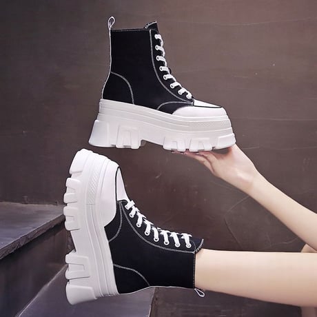 厚底 キャンバススニーカー ハイカット 22.5～24.5cm シューレース サイドファスナー ブラック ベーシック カジュアル 大人可愛い ガーリー DTC-650901386927