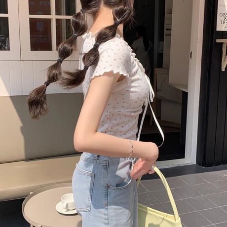 小花柄 ブラウス フリル リボン Tシャツ トップス ショート丈 スリムフィット レースアップ 半袖 レトロ 大人可愛い ガーリー カジュアル フェミニン DTCA-805742781968