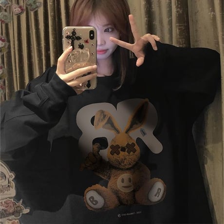 ユニセックス スウェット トレーナー BADRABBIT ウサギ 裏起毛 長袖 オーバーサイズ 韓国ファッション メンズ レディース ストリート系ファッション DTC-737596346835