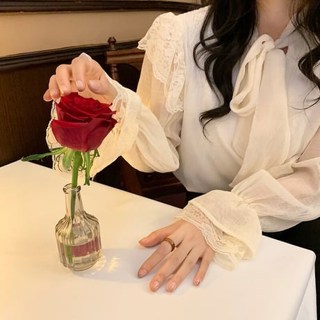 ブラウス 裏起毛 フリル レース リボンタイ リボン ボウタイ シフォン 長袖 レトロ 韓国ファッション レディース 大人可愛い ガーリー フェミニン DTC-666397970703