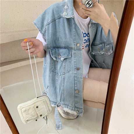 デニムベスト ケミカルウォッシュ加工 刺繍 韓国ファッション レディース ベスト デニムジャケット ジージャン Gジャン DTC-611413811422