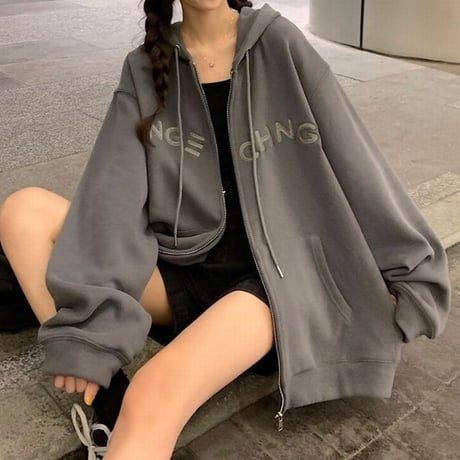 ジップアップ パーカー フーディー 薄手 ルーズ オーバーサイズ ゆったり 大きめ 長袖 レトロ カジュアル ストリート系ファッション ストリート女子 DTCA-647056396210