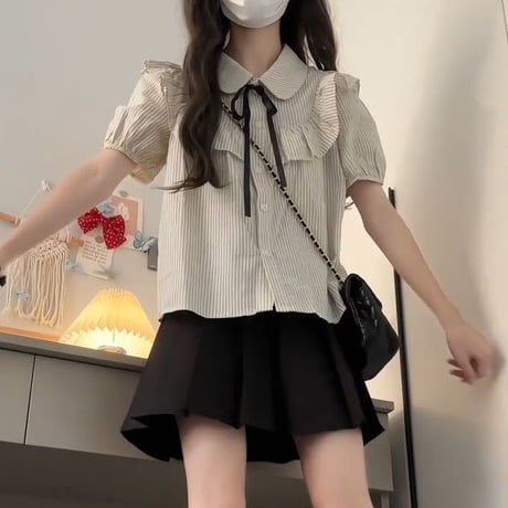 ストライプ柄 ブラウス ヨークフリル シャツ リボン パフスリーブ トップス かわいい 半袖 ルーズ レトロ 大人可愛い ガーリー フェミニン DTCA-898551864662