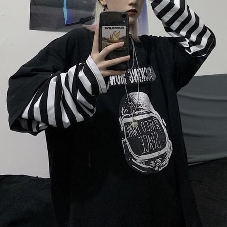 フェイクレイヤード ドッキングトップス tシャツ ロンT ボーダー柄 長袖 レトロ 韓国ファッション レディース 大人可愛い ガーリー カジュアル ストリート系 DTC-662523104463