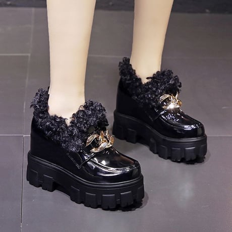 厚底 ファーシューズ 22.0～24.5cm ファーローファー ローファー チェーンデザイン インヒール 歩きやすい 疲れない 大人可愛い ガーリー DTC-659154706888