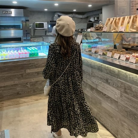 花柄 ワンピース 韓国ファッション レディース 大きい襟 フラワー フリル ハイウエスト ボタン 長袖 シンプル レトロ ガーリー (DTC-606073060234)