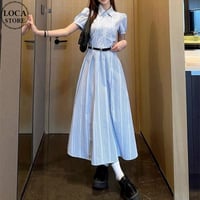 シャツワンピース 半袖 パフスリーブ ロングワンピース Aライン ワンピース ハイウエスト レトロ 大人可愛い ガーリー DTCA-940926932834
