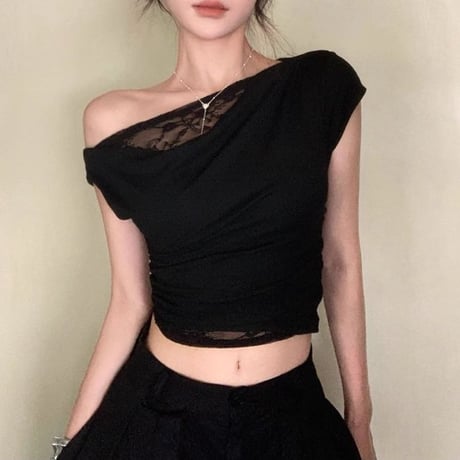 Tシャツ レース付き クロップド丈 ショート丈 ワンショルダー スリムフィット トップス スリムtシャツ カットソー 半袖 レトロ 大人可愛い ガーリー DTCA-902062232021