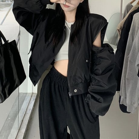 ミリタリー風 ブルゾン ジャンパー ショルダージップ バックプリント ルーズ 大人可愛い ガーリー カジュアル 韓国ファッション レディース ストリートファッション DTC-682381083902