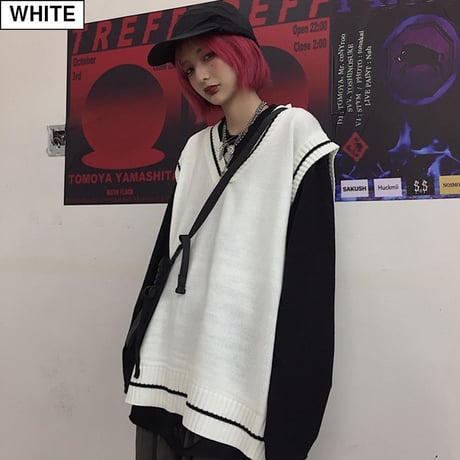 ユニセックス ニットベスト Vネック ライン 韓国ファッション メンズ レディース ベスト ルーズ セーター シンプル ストリート カジュアル DTC-605330546241