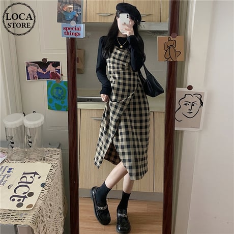 フェイクレイヤード チェック柄 スリットワンピース ハイウエスト ロング丈 レトロ 韓国ファッション レディース 大人可愛い ガーリー DTC-666716955708