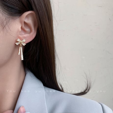 ピアス 両耳用 リボン ドロップピアス CZ アクセサリー 合金 シルバー925 ジュエリー DTC-636637950656